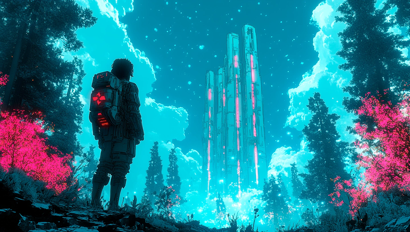 An explorer looking toward luminous towers in a vivid illustrated landscape