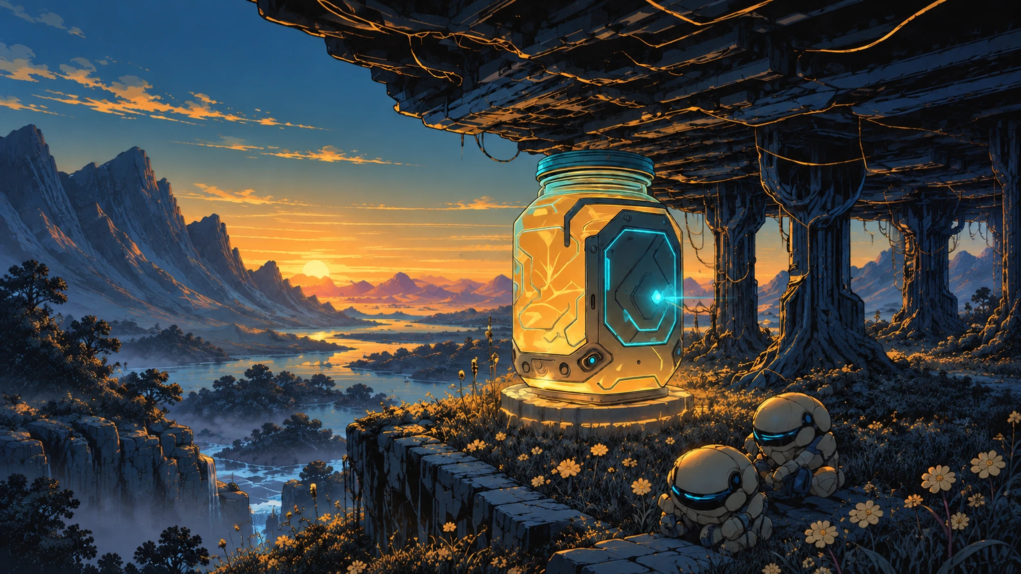 A glowing honey vault guarded by small robots above a mountain valley