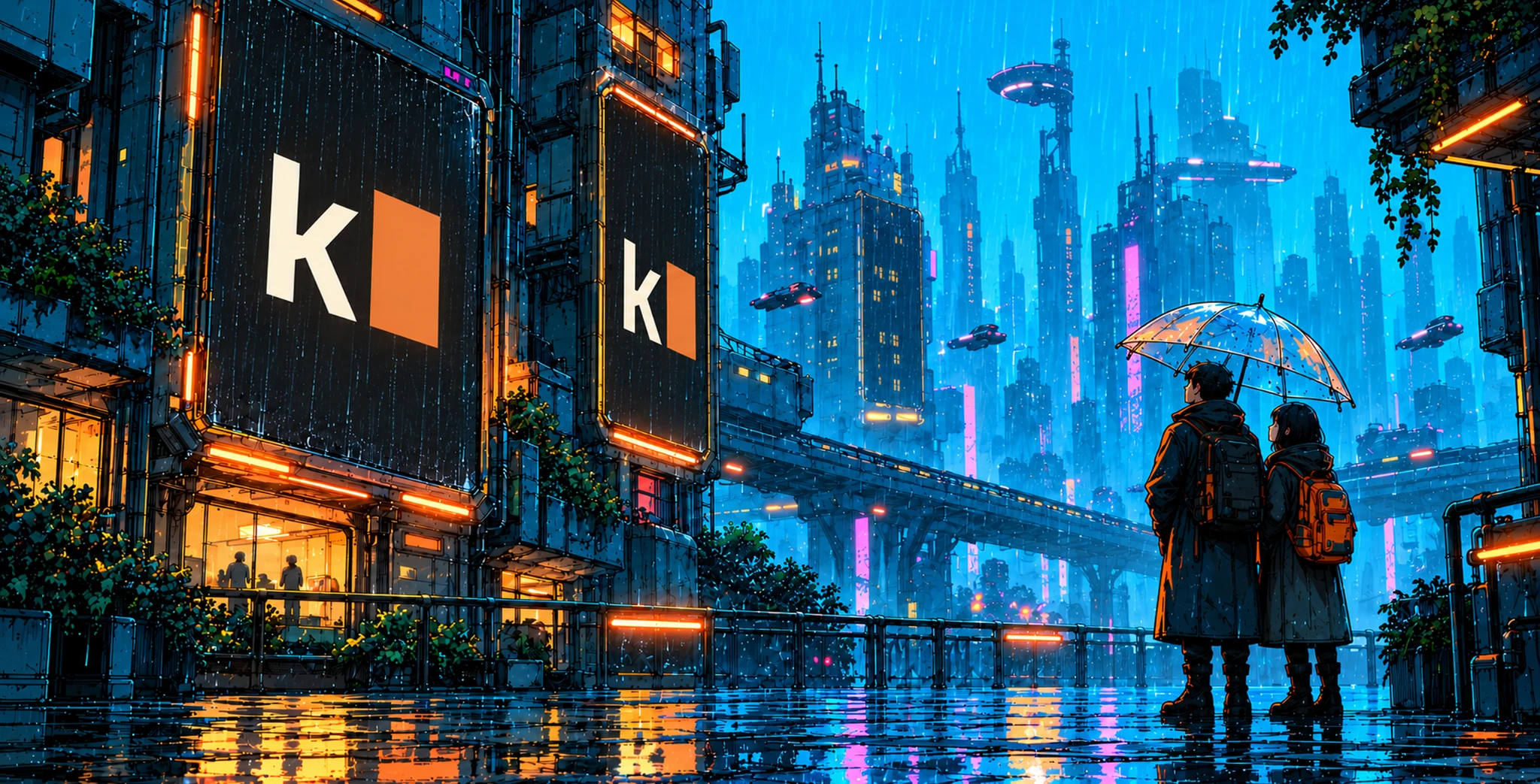 Knoss logos overlooking a luminous city, with two people beneath an umbrella